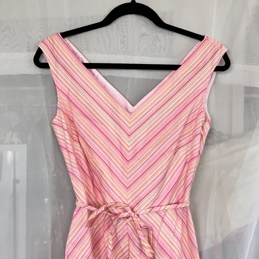 London Times striped midi dress size 4 waist tie preppy classic feminine pink - Picture 2 of 12